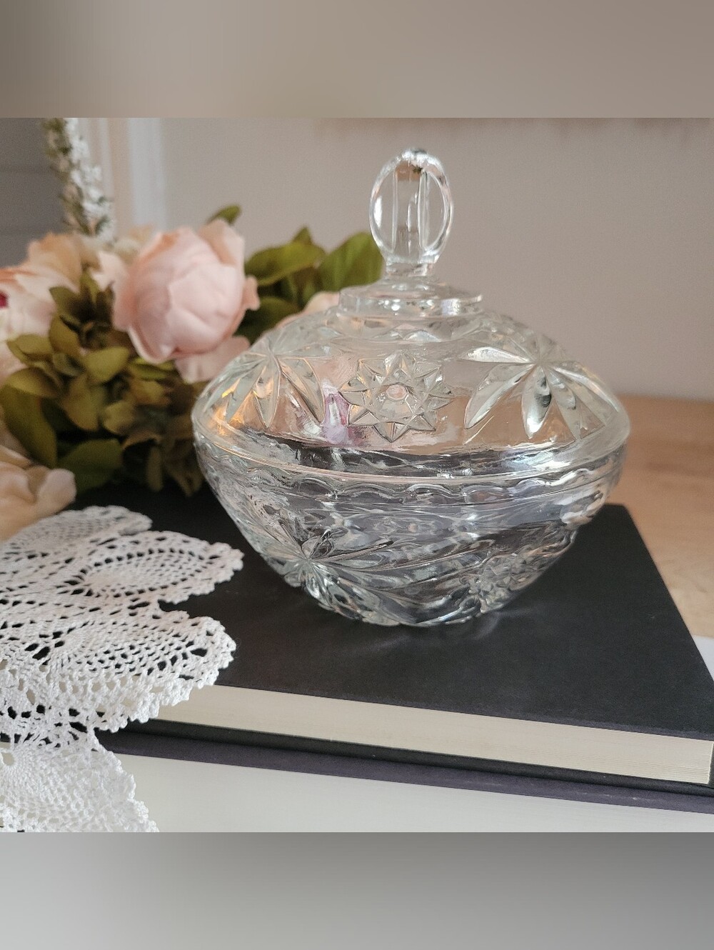 Vintage Anchor Hocking Star of David Clear Crystal Candy Trinket Dish & Lid